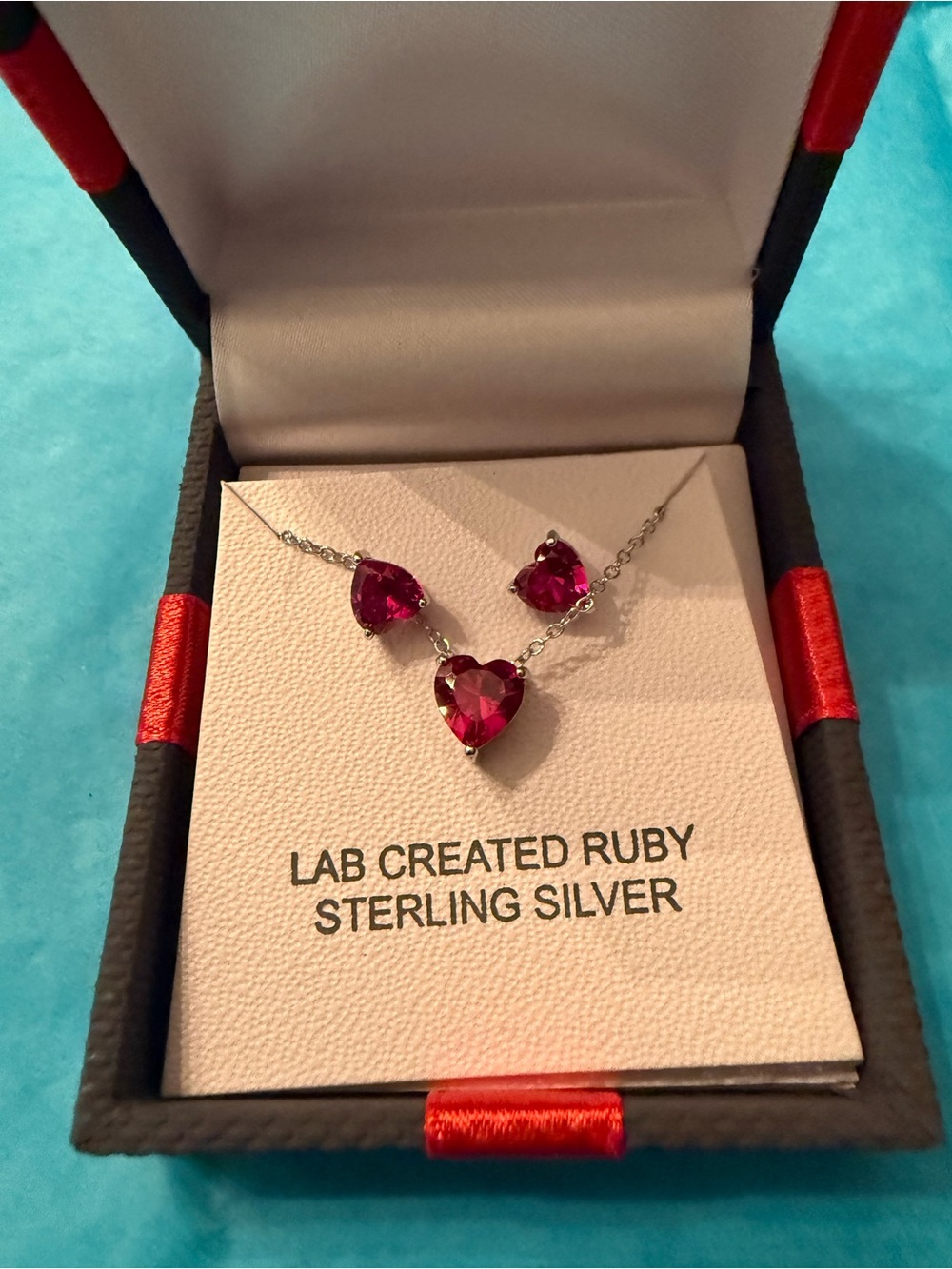 Sterling Silver Heart Necklace with Lab-Created Ruby Stones - Red